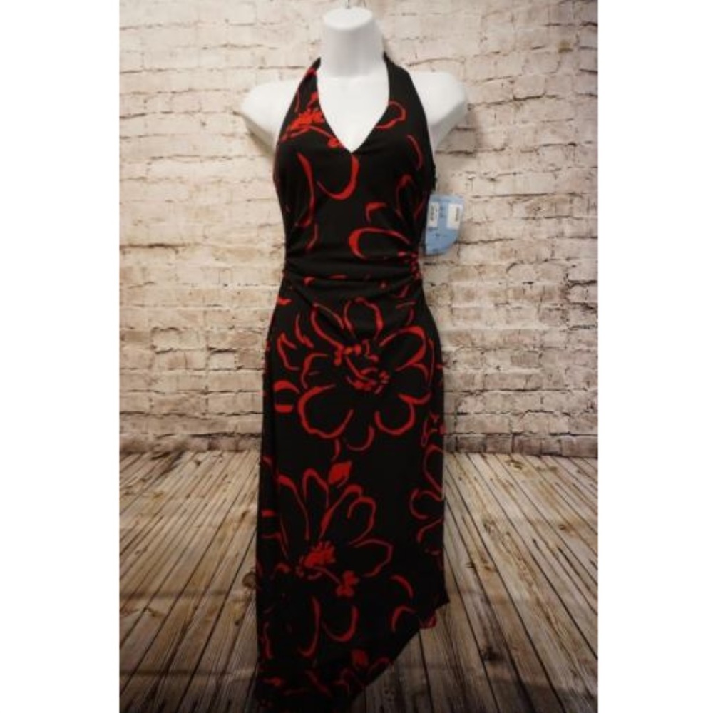 David Meister Prom Dress Black and Red Halter Top